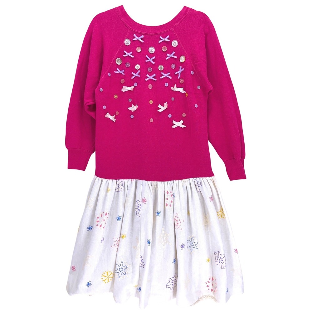 Vtg Pannill Pink Sweatshirt Dress Medium Upcycled Embellished Snowflake Handmade